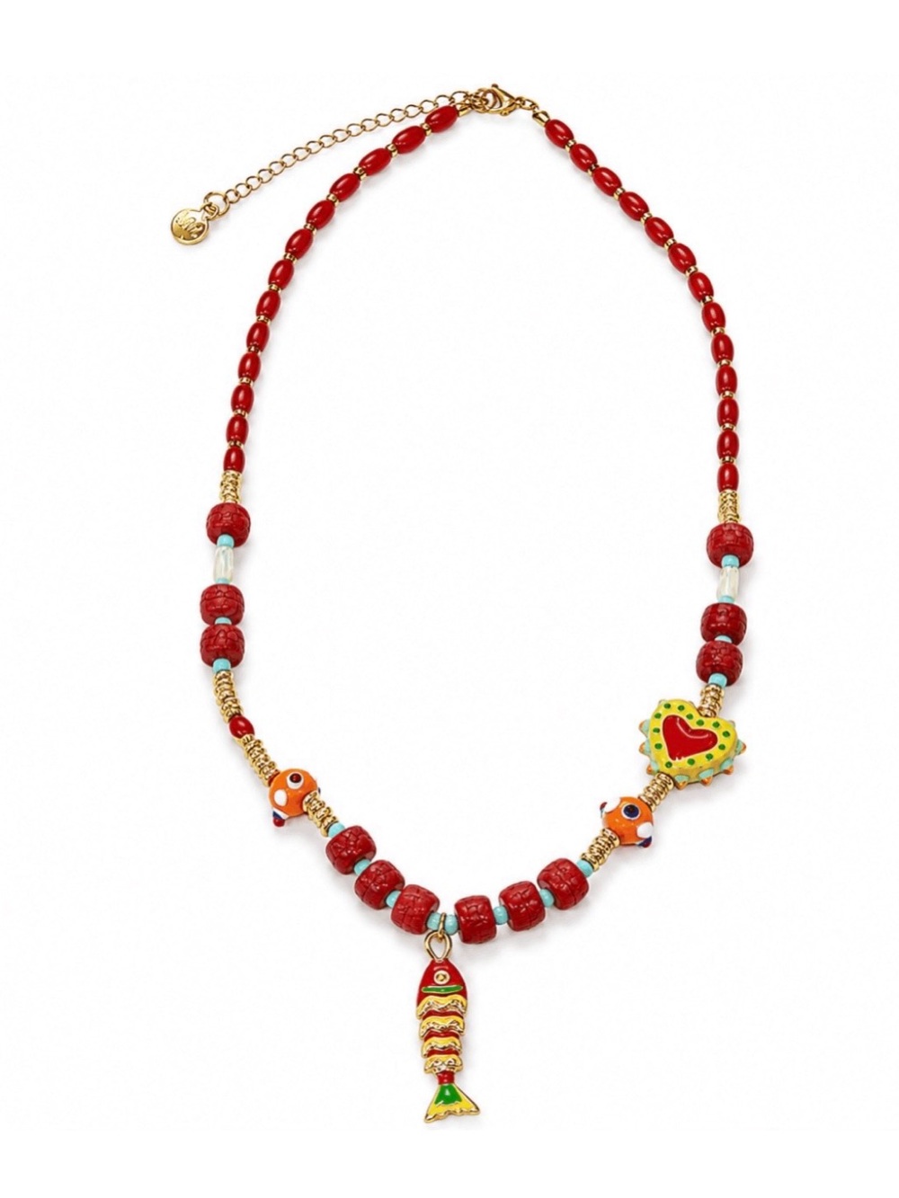 Red Beaded Necklace with Heart & Fish Charms by Mayamar